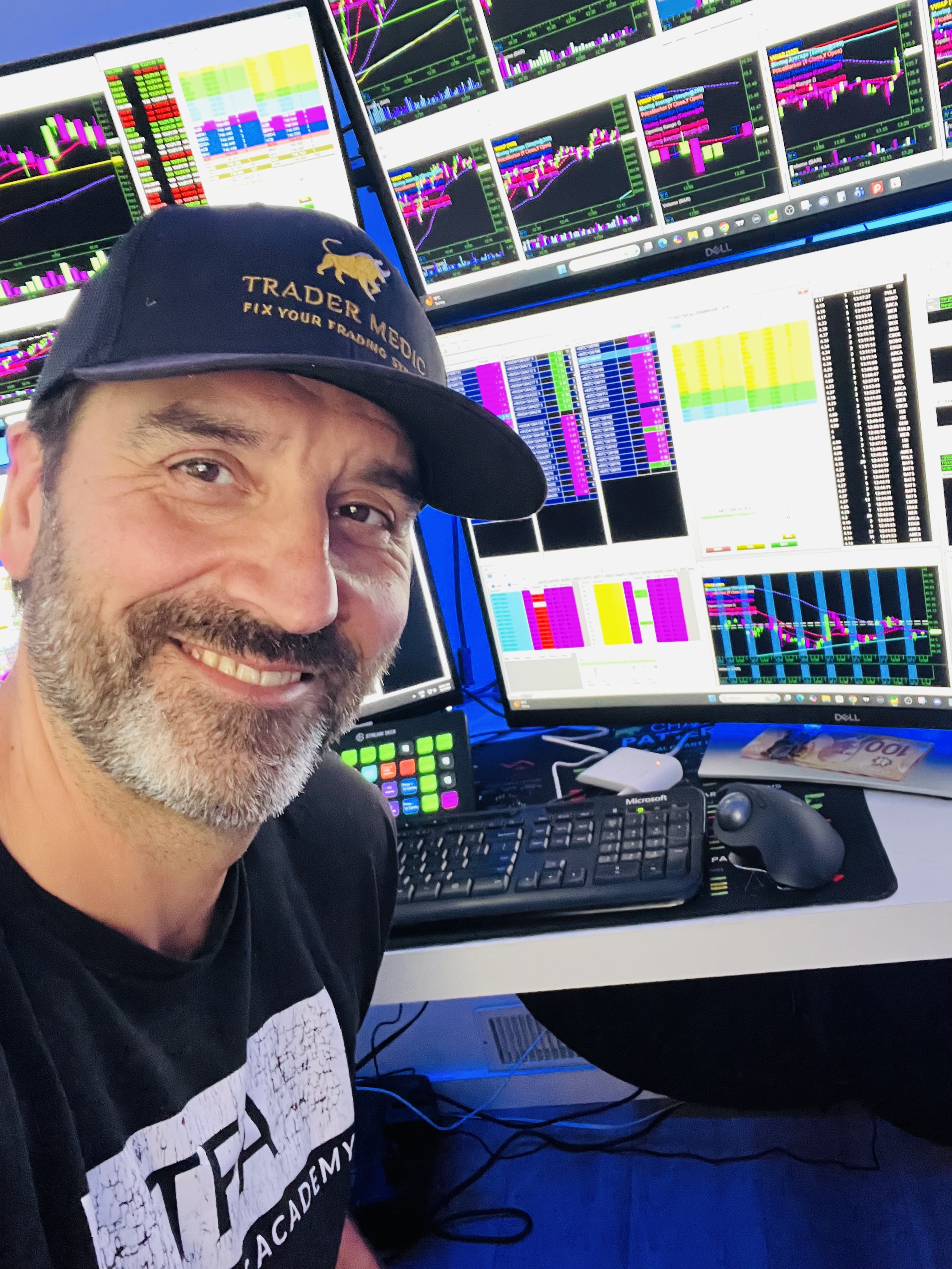 Trader Medic founder at his multi-monitor trading desk
